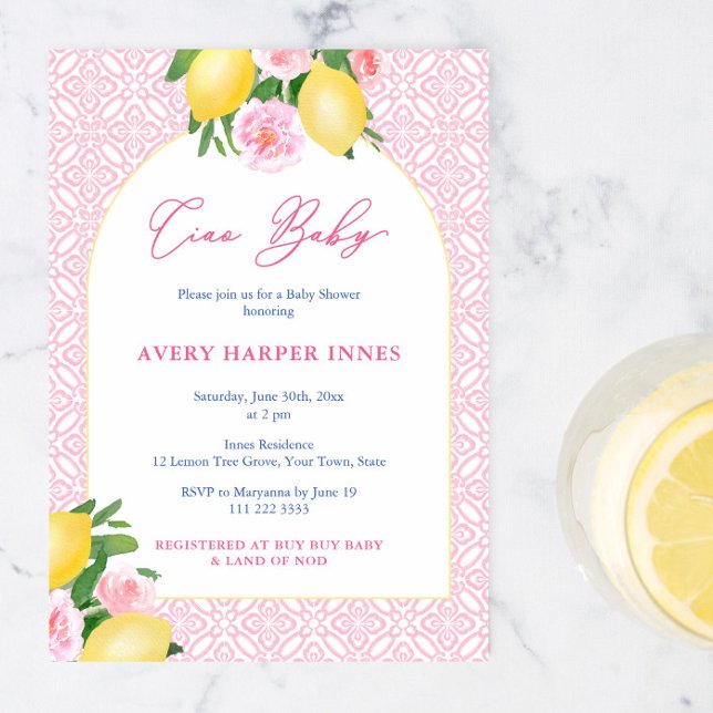 Ciao Baby Italian Inspired Lemons Pink Baby Shower Invitation (Ciao Baby Girl! Italian inspired Pink tiles, lemons & florals baby shower party invitation design)