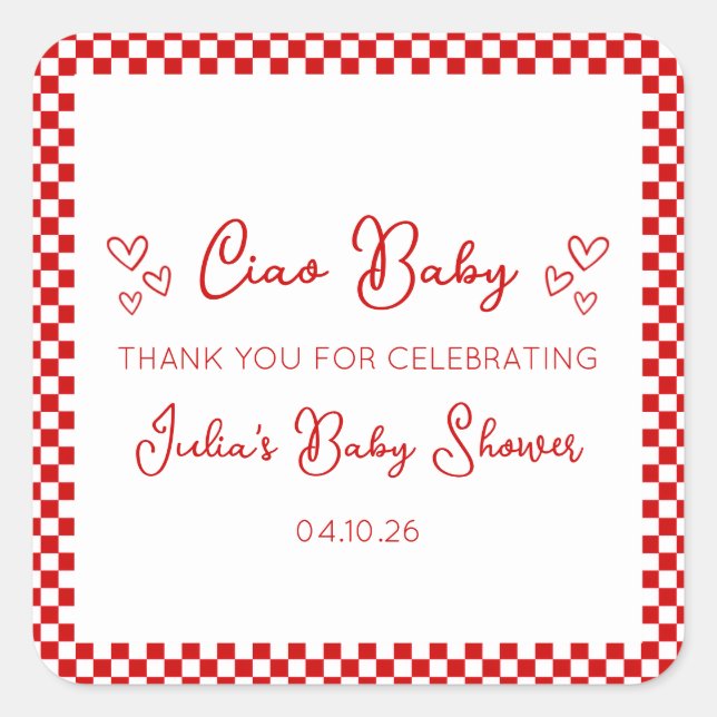 Ciao Baby! Italian Red Baby Shower Thank You Square Sticker (Front)