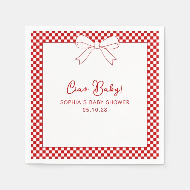 Ciao Baby! Italian Red GIngham Bow Baby Shower Napkin (Front)