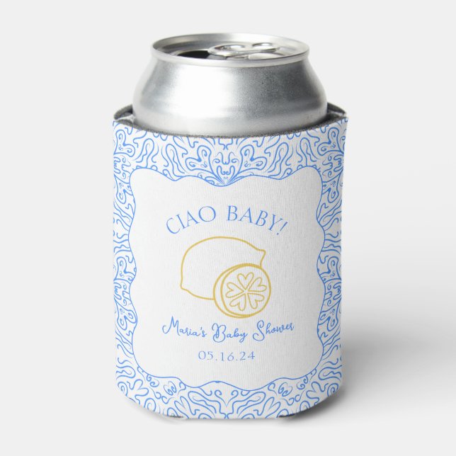 Ciao Baby! Lemon Blue Italian Baby Shower Can Cooler (Can Front)