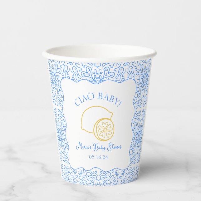 Ciao Baby! Lemon Blue Italian Baby Shower Paper Cups (Front)