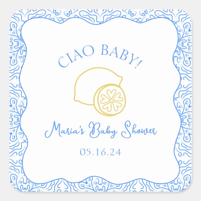 Ciao Baby! Lemon Blue Italian Baby Shower Square Sticker (Front)