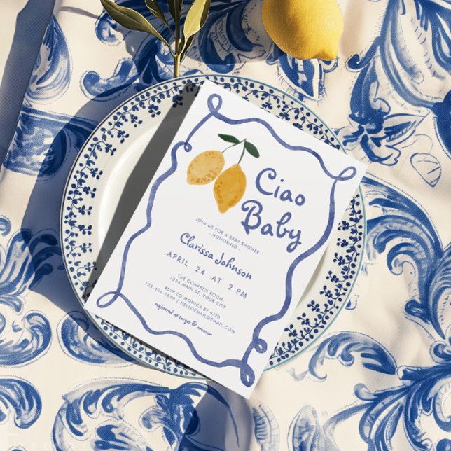 Ciao Baby Lemon Italian Amalfi Boys Baby Shower Invitation (Ciao Baby Lemon Boy Baby Shower Invite)