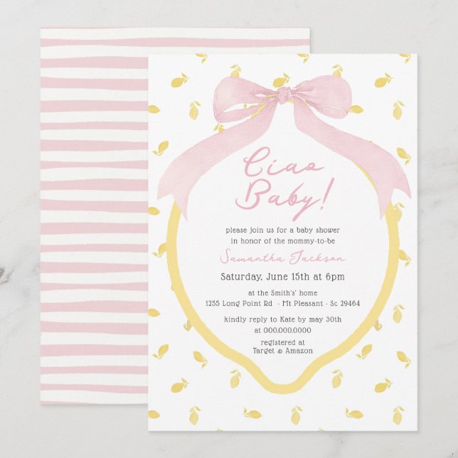 Ciao Baby Lemon & Pink Bow Pink Girl Baby Shower Invitation (Front/Back)