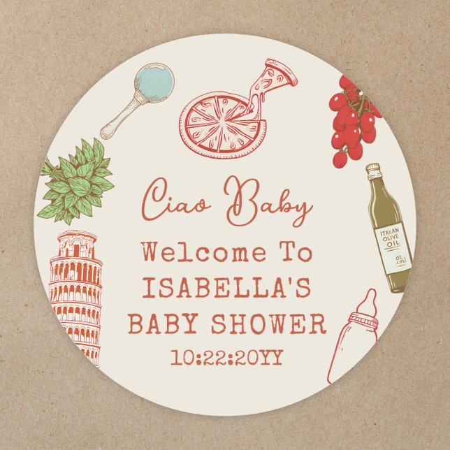 Ciao Baby Line Art Italian Pizza Baby Shower Classic Round Sticker (Creator Uploaded)