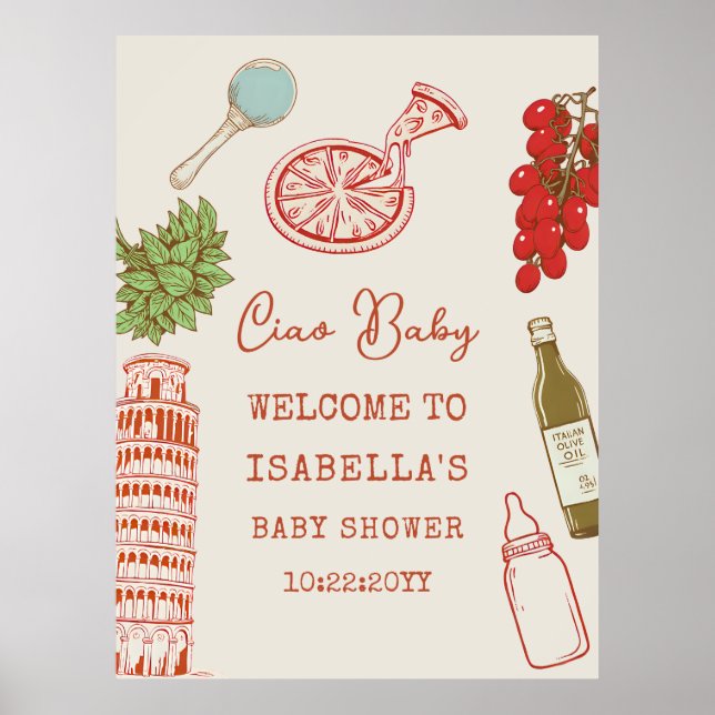 Ciao Baby Line Art Italian Pizza Baby Shower Poster (Front)