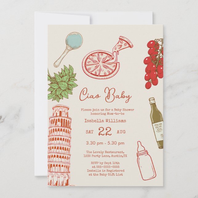 Ciao Baby Line Art Pizza All In One Baby Shower Invitation (Front)