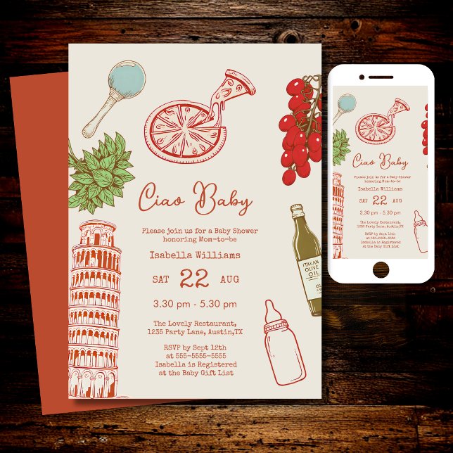 Ciao Baby Line Work Italian Pizza Baby Shower Invitation (Creator Uploaded)