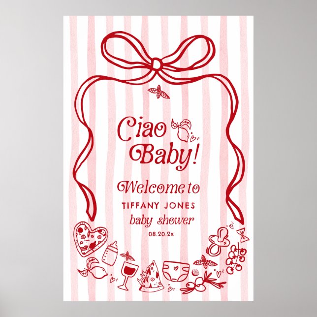 Ciao Baby Red Bow Italian Baby Shower Welcome Sign (Front)