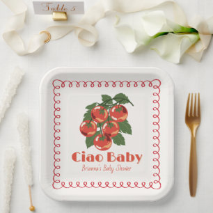Ciao Baby Red Tomato Italian Doodle Baby Shower Paper Plate