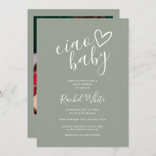 Ciao Baby Shower Heart Neutral Sage Green Photo Invitation