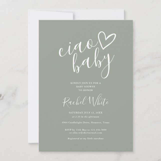 Ciao Baby Shower Heart Sage Green Gender Neutral Invitation (Front)