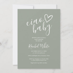 Ciao Baby Shower Heart Sage Green Gender Neutral Invitation