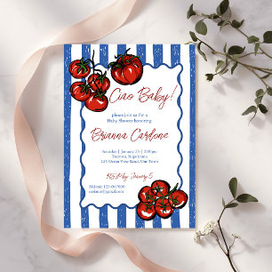 Ciao baby tomato blue stripes Italian baby shower Invitation