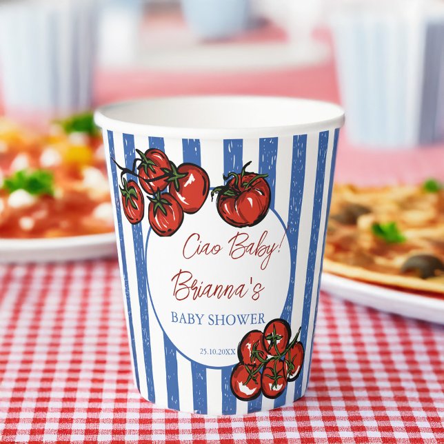 Ciao baby tomato blue stripes Italian baby shower Paper Cups (Ciao baby cherry tomato blue stripes Italian farmers market baby shower personalized Paper Cups)