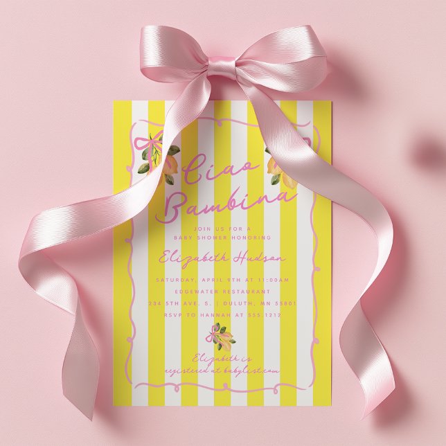 Ciao Bambina Yellow Stripe Lemon Baby Shower Invitation (Ciao Bambina baby shower invite Lemon garden baby shower invite)