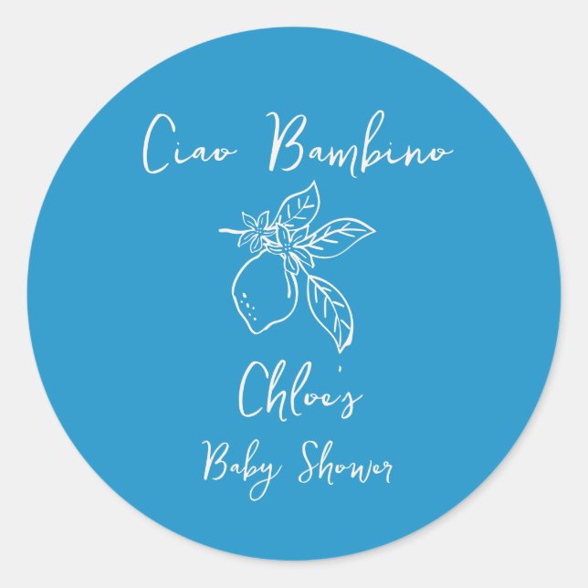 Ciao Bambino Hand Drawn Lemon Baby Shower Classic Round Sticker (Front)