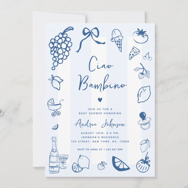 Ciao Bambino Italian Fun Hand Drawn Baby Shower Invitation (Front)