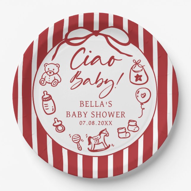 Ciao Bambino Italian Illustrated Baby Shower Paper Plate (Front)