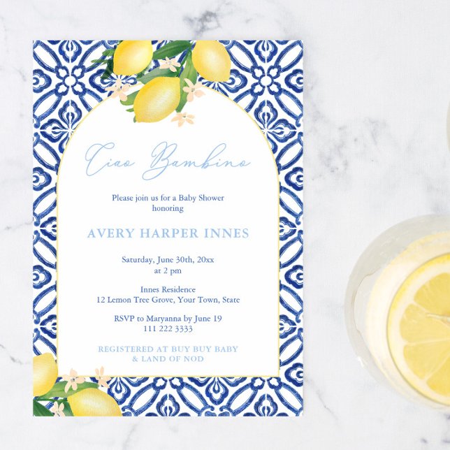 Ciao Bambino Lemons Arch Boy Baby Shower Party Invitation (Ciao Bambino Italian inspired lemons baby shower invitation to welcome a little boy. )