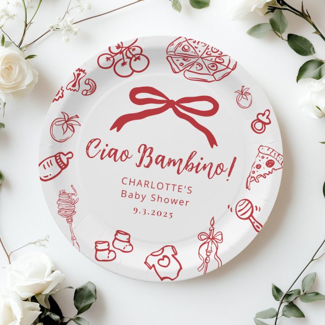Ciao Bambino Pizza Whimsical Bow Baby Shower Paper Plate (Creator Uploaded)