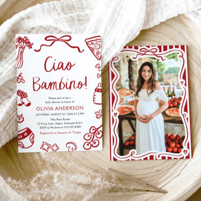 Ciao Bambino Whimsical Italian Pizza Baby Shower Invitation (Watercolor Ciao Bambino Whimsical Italian Pizza Baby Shower Invitation)