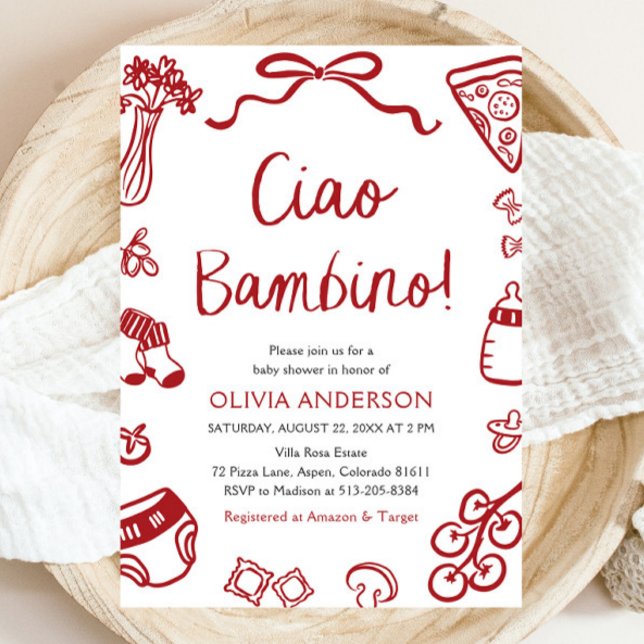 Ciao Bambino Whimsical Italian Pizza Baby Shower Invitation (Watercolor Ciao Bambino Whimsical Italian Pizza Baby Shower Invitation)