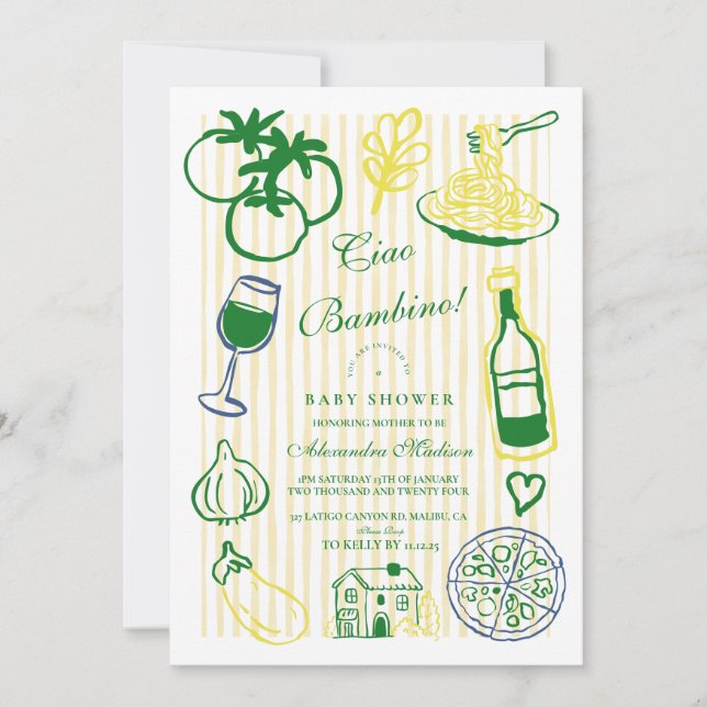 Ciao Bambino Yellow Stripe Baby Shower Invitation (Front)