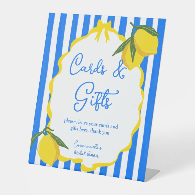 Ciao bella blue stripes lemons Italian gifts table Pedestal Sign (Front)