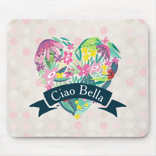 Ciao Bella Cute Floral Heart on Pink Circles Mouse Mat (Front)