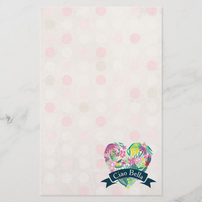Ciao Bella Cute Floral Heart on Pink Circles Stationery (Front)