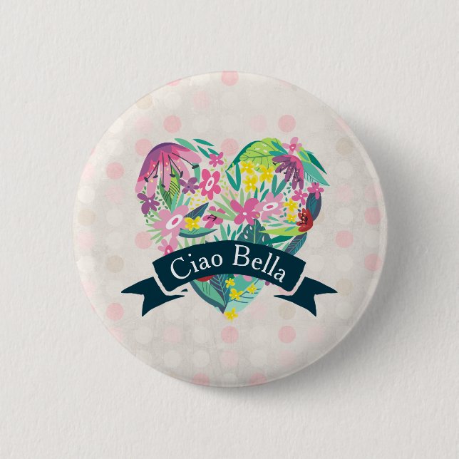 Ciao Bella Cute Floral Heart with Tropical Flowers 6 Cm Round Badge (Front)
