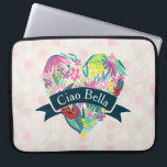Ciao Bella Cute Floral Heart with Tropical Flowers Laptop Sleeve<br><div class="desc">A laptop sleeve with customizable text which says: "Ciao Bella" written in curved text inside a blue green ribbon layered over top a whimsical heart filled with tropical flowers and leaves in pink, green and yellow colors. The background is a faint pattern with circles in light pink and white. Summery...</div>