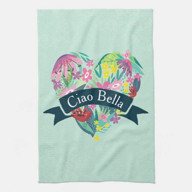 Ciao Bella Cute Floral Heart with Tropical Flowers Tea Towel (Vertical)