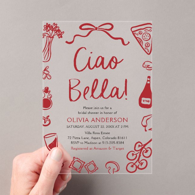 Ciao Bella Hand Drawn Italian Pizza Bridal Shower Acrylic Invitations (Insitu (Handheld))