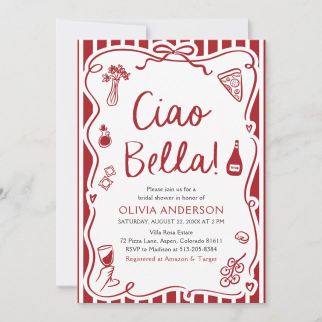 Ciao Bella Hand Drawn Italian Pizza Bridal Shower Invitation (Front)