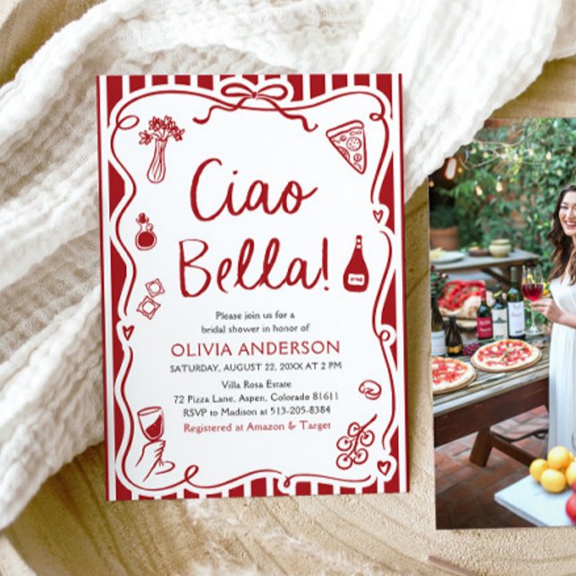 Ciao Bella Hand Drawn Italian Pizza Bridal Shower Invitation (Watercolor Ciao Bella Hand Drawn Italian Pizza Pasta Wine Bridal Shower Invitation)