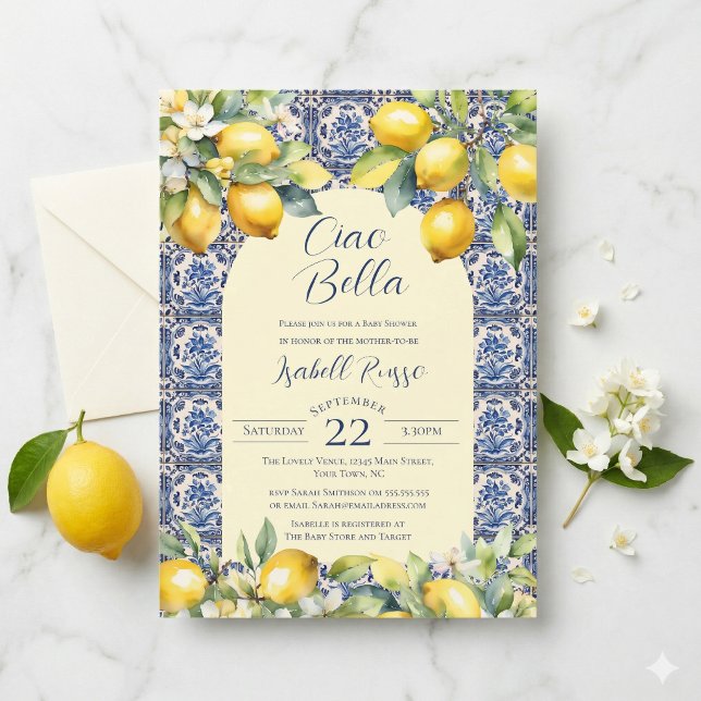  Ciao Bella Italian Blue Tiles & Lemon Baby Shower Invitation (Creator Uploaded)