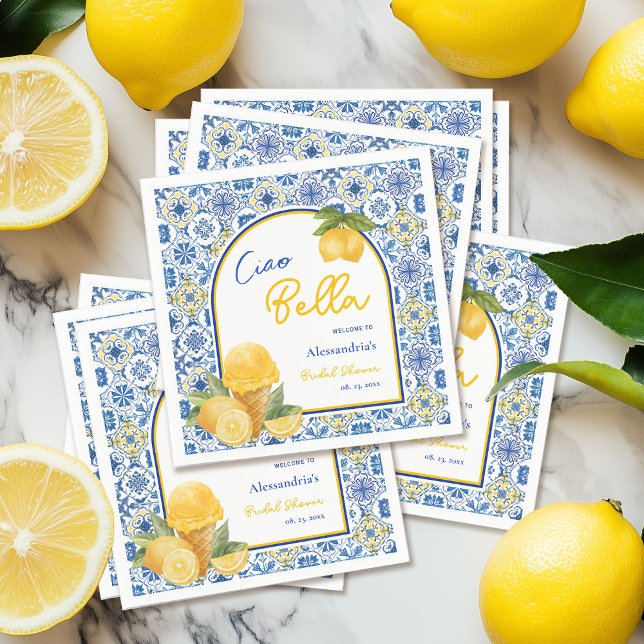 Ciao Bella Italian Tile Lemon Gelato Bridal Shower Napkin (Creator Uploaded)