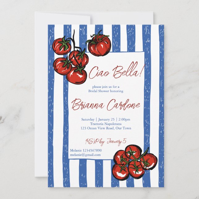 Ciao bella tomato blue Italian bridal shower Invitation (Front)