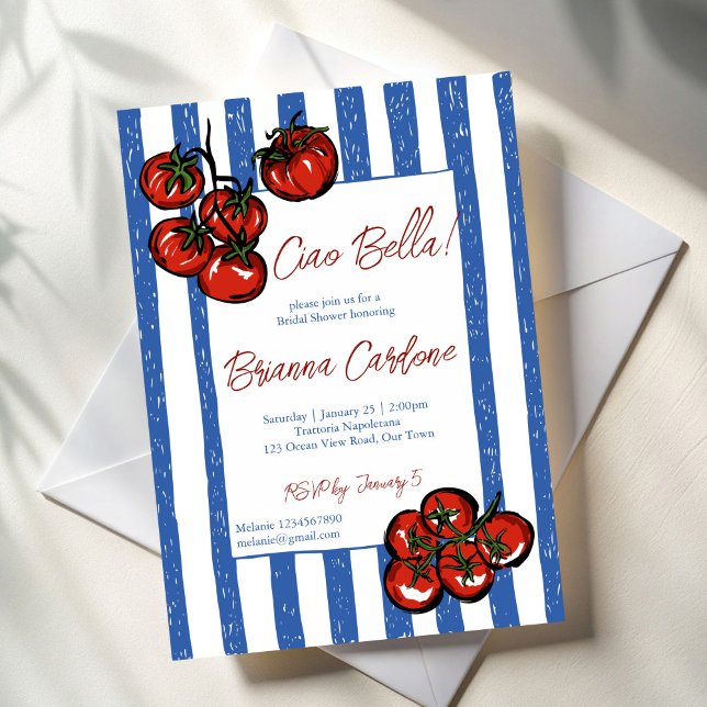 Ciao bella tomato blue Italian bridal shower Invitation (Ciao bella tomato blue stripes Italian bridal shower Invitation cards template retro farmers market)