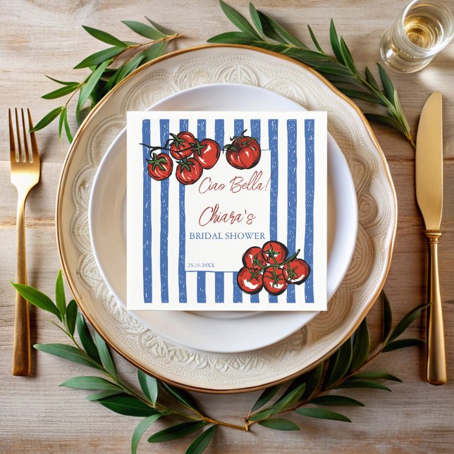 Ciao bella tomato stripes Italian bridal shower Napkin (Ciao bella tomato blue stripe Italian farmers market bridal shower personalized printed Napkins)