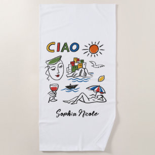 Ciao! Italian Amalfi Coast Hand Drawn Custom Name Beach Towel