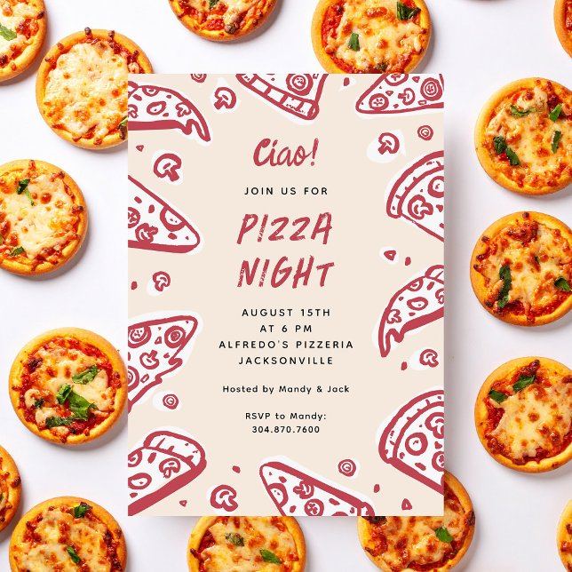 Ciao Red Hand-Drawn Pizza Night Party Invitation (hand-drawn pizza night party invitation)