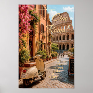 Ciao Roma Vintage Vespa Colosseum Scenic Art Poster
