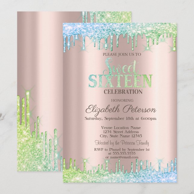 Cic Ombre Glitter Drips Rose Gold  Sweet 16 Invitation (Front/Back)
