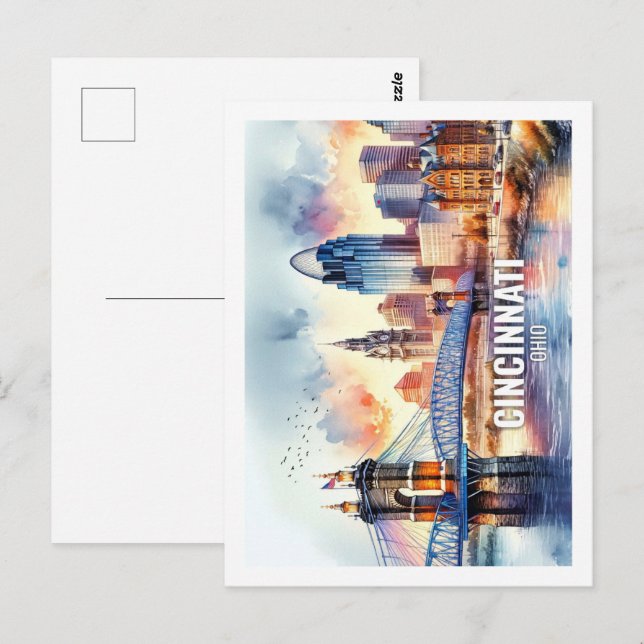 Cicinnati Ohio Famous Travel Places watercolor Postcard (Front/Back)