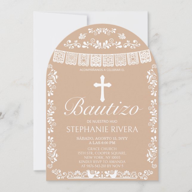 Cielito Lindo Beige Bautizo Arch Invitation (Front)
