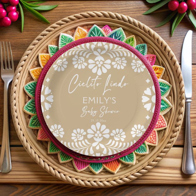 Cielito lindo beige Mexican fiesta baby shower Paper Plate (Cielito lindo beige Mexican fiesta papel picado baby shower personalized Paper Plates custom decor)