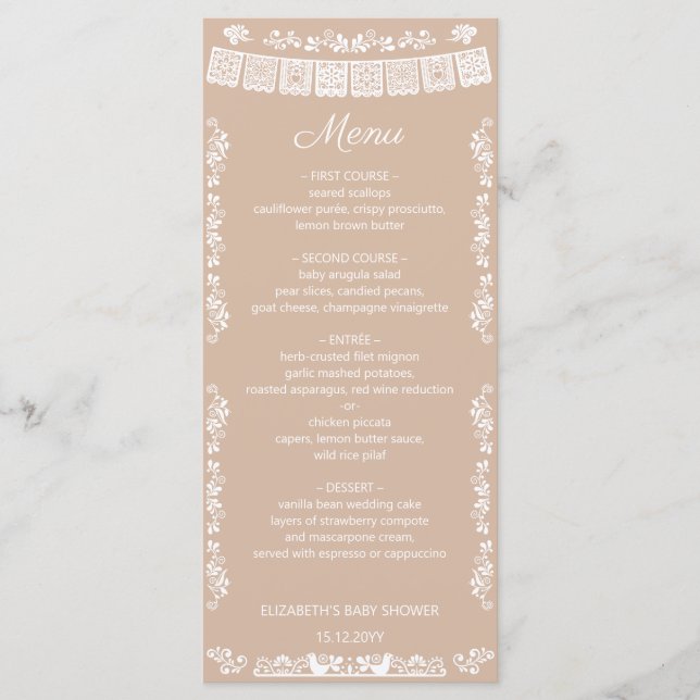 Cielito Lindo Beige Papel Picado Baby Shower Menu (Front)